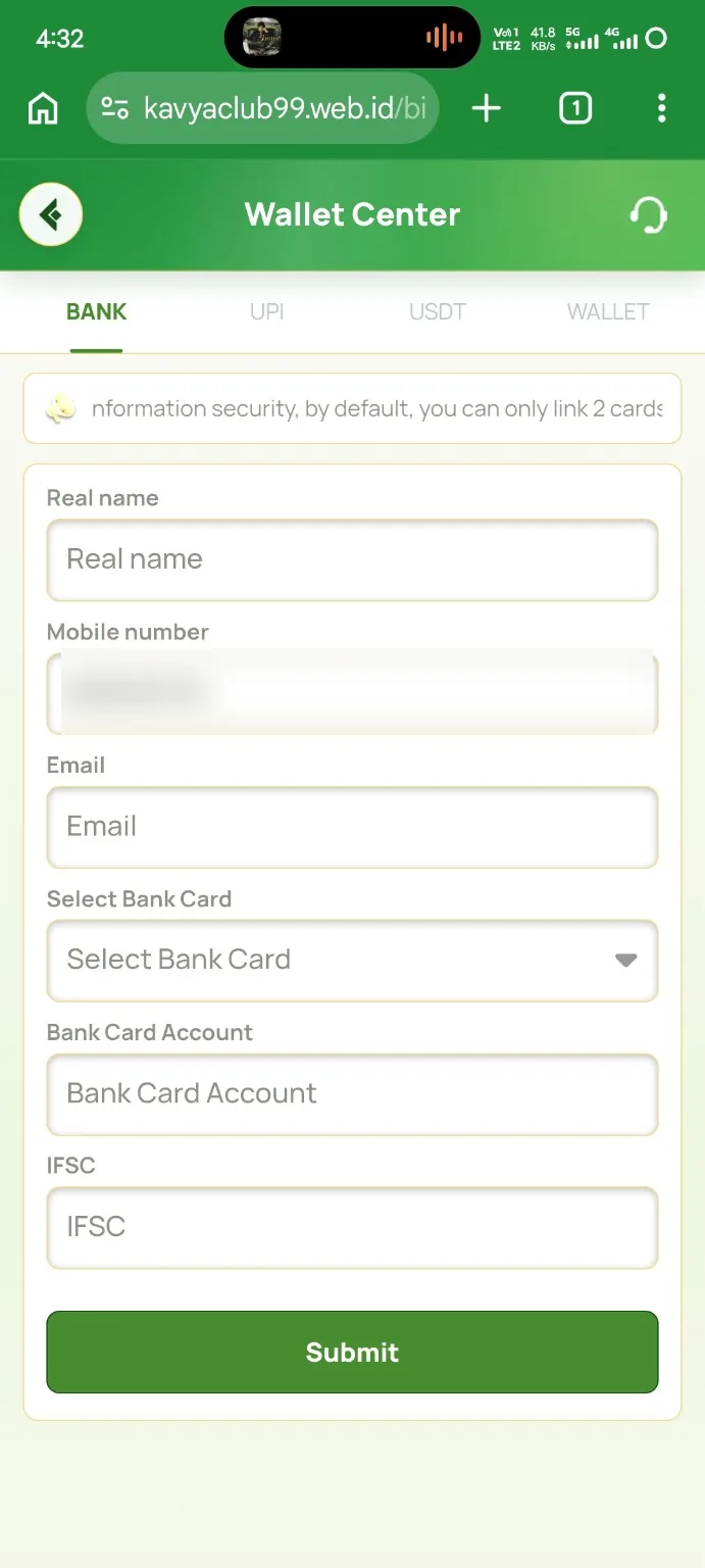 Kavyaclub add bank account form