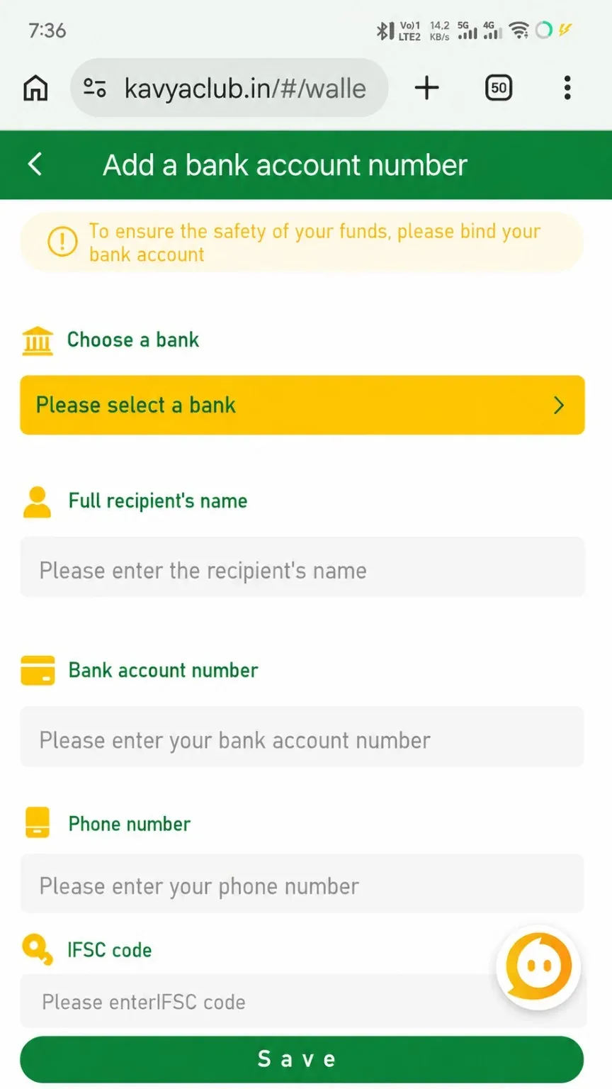 Kavyaclub add bank account form