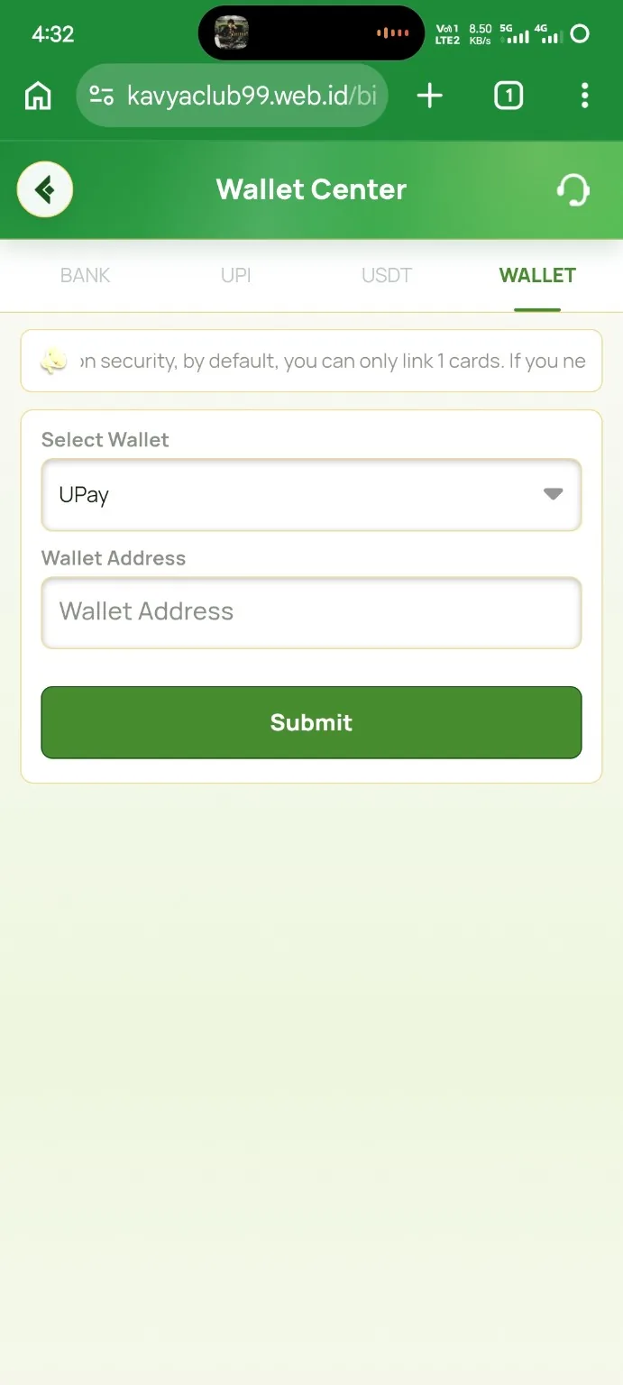 Kavyaclub Wallet Center WALLET tab with UPay selected and wallet address field