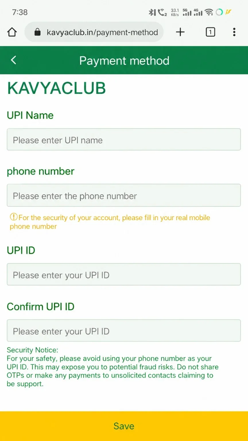 Kavyaclub add UPI payment method form