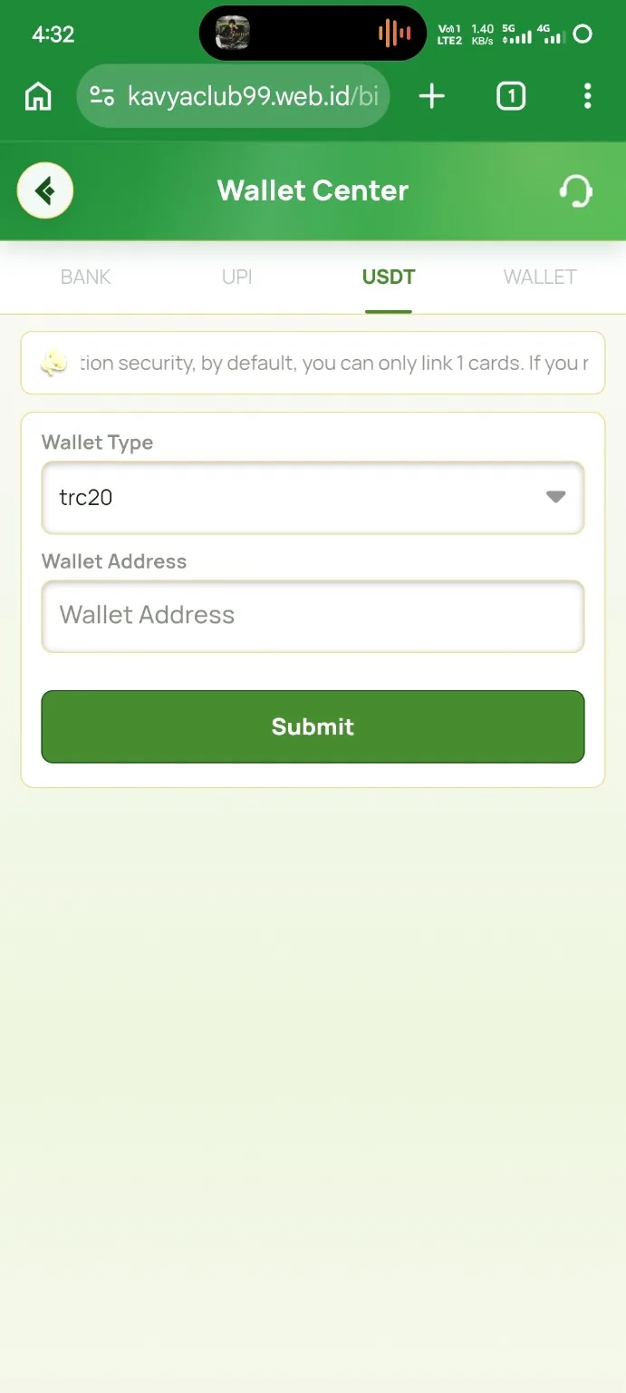 Kavyaclub add USDT address form with TRC20 network