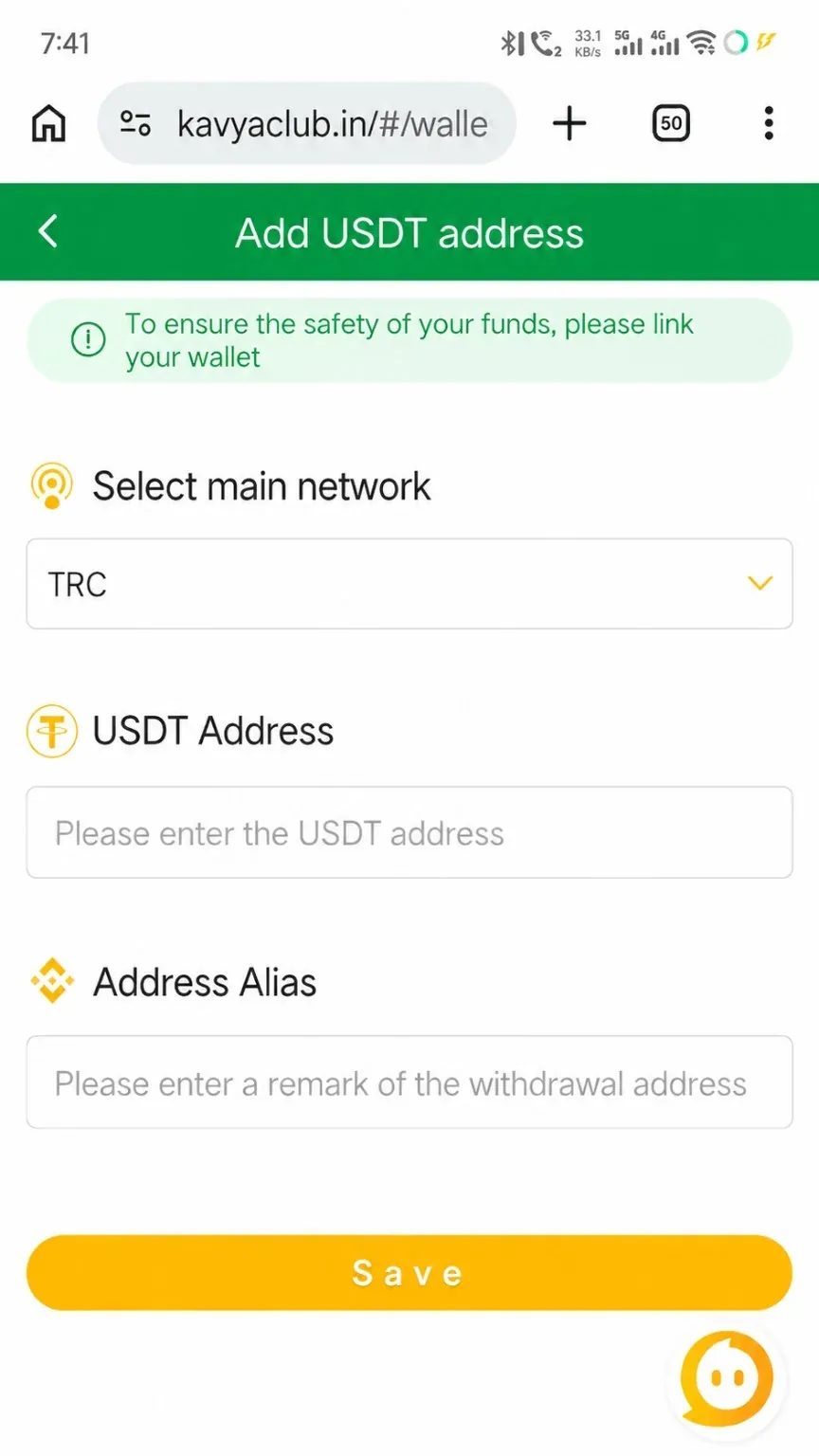 Kavyaclub add USDT address form with TRC20 network