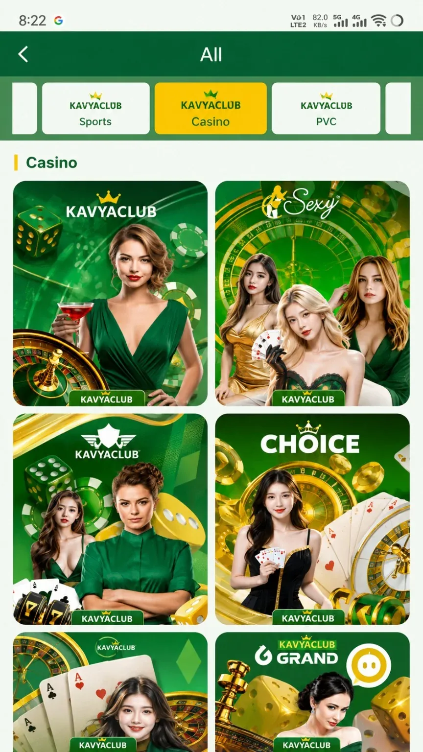 Kavyaclub live casino lobby