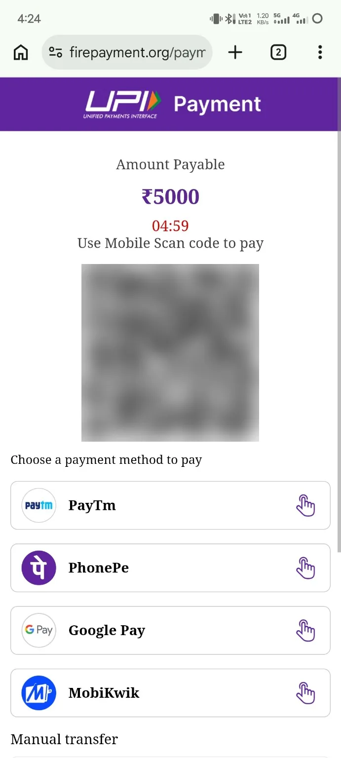 UPI payment page opened from a Kavyaclub INR deposit order