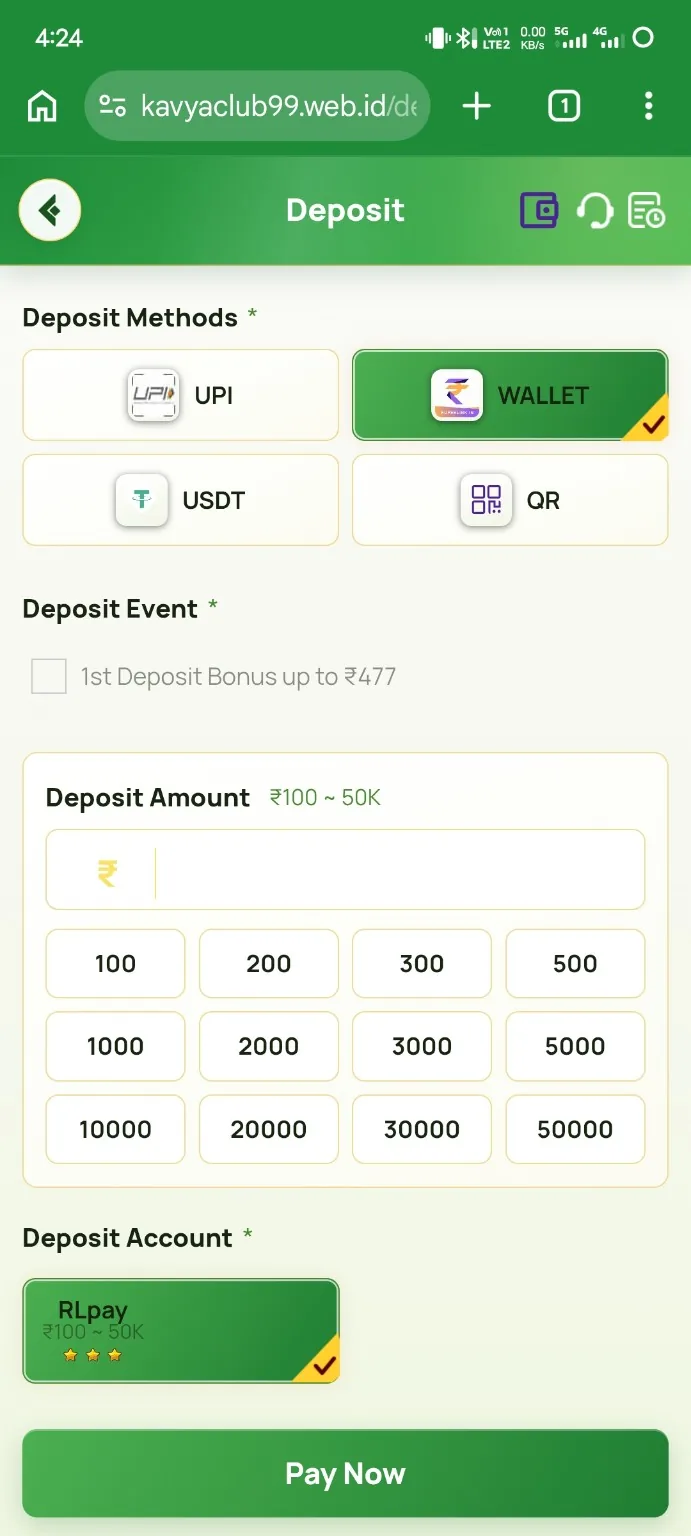 Kavyaclub Wallet deposit screen with RPLpay selected as the deposit account