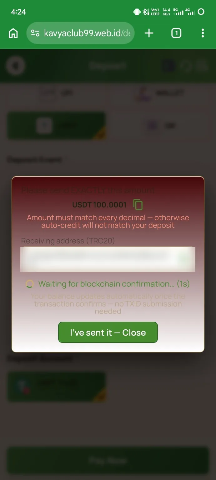 Kavyaclub USDT TRC20 payment confirmation with exact amount and receiving address