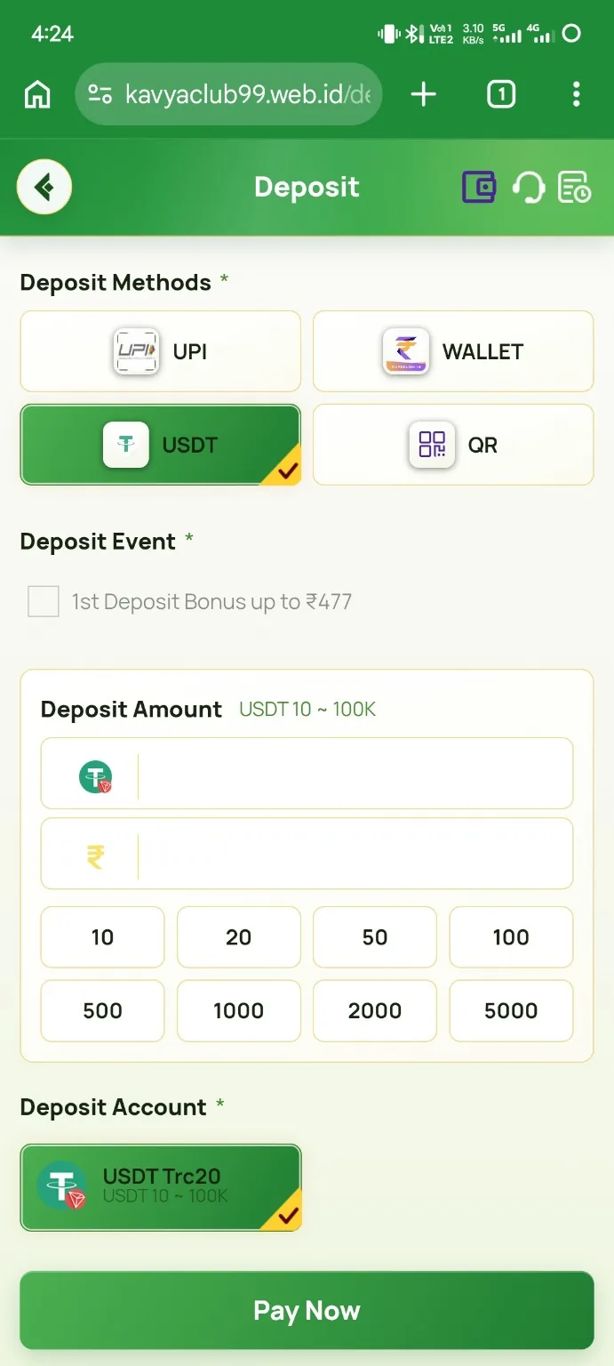 Kavyaclub USDT deposit channel and amount screen