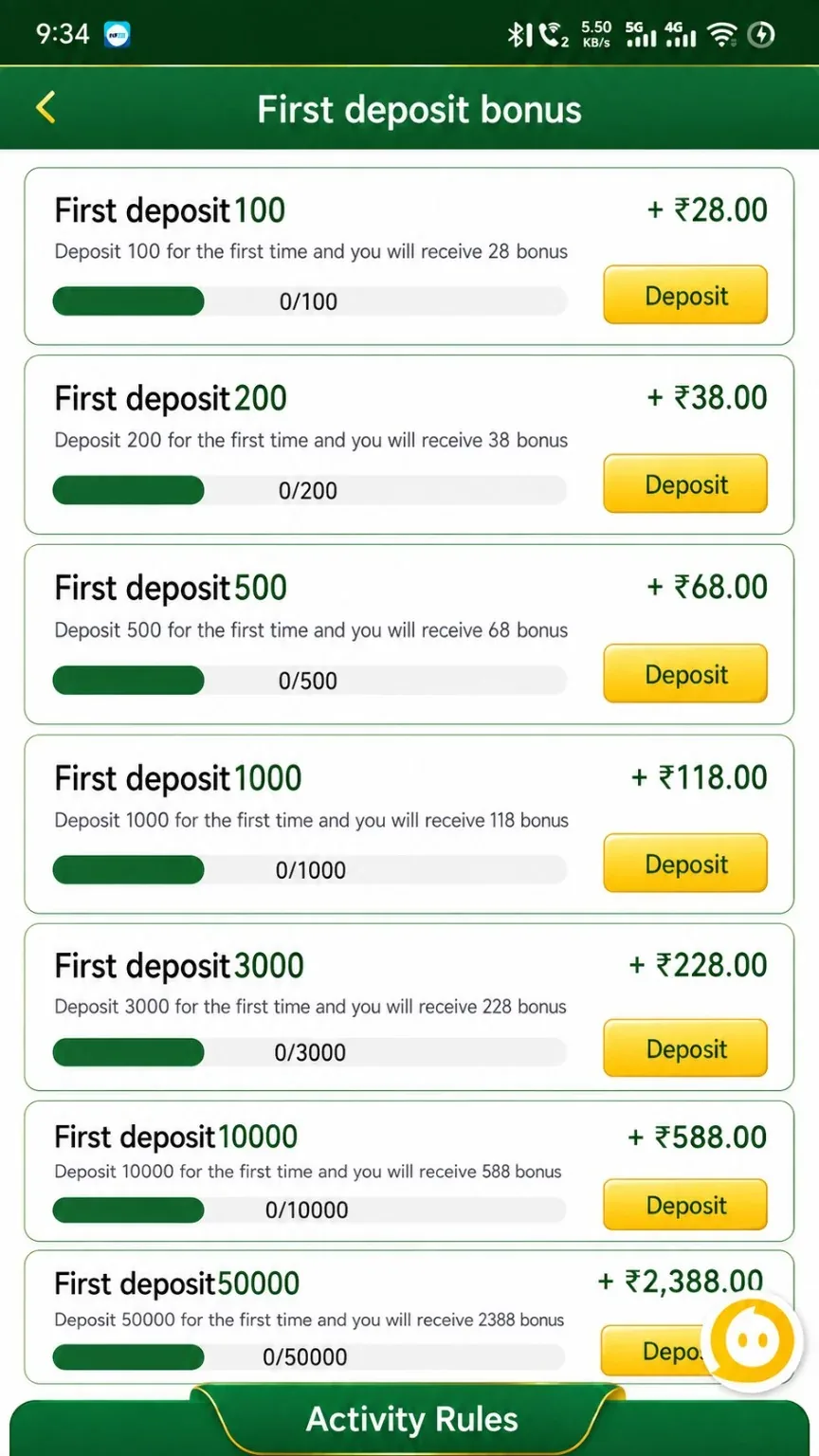 Kavyaclub first deposit bonus tier screen