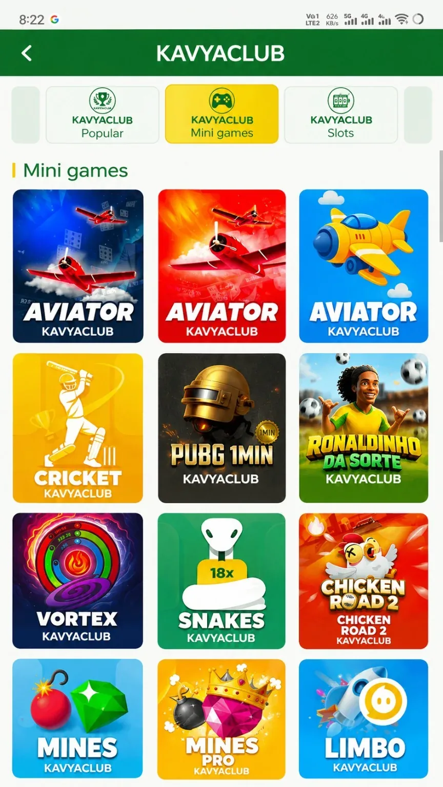 Kavyaclub mini games lobby with Aviator, Crash, Dice and Mines