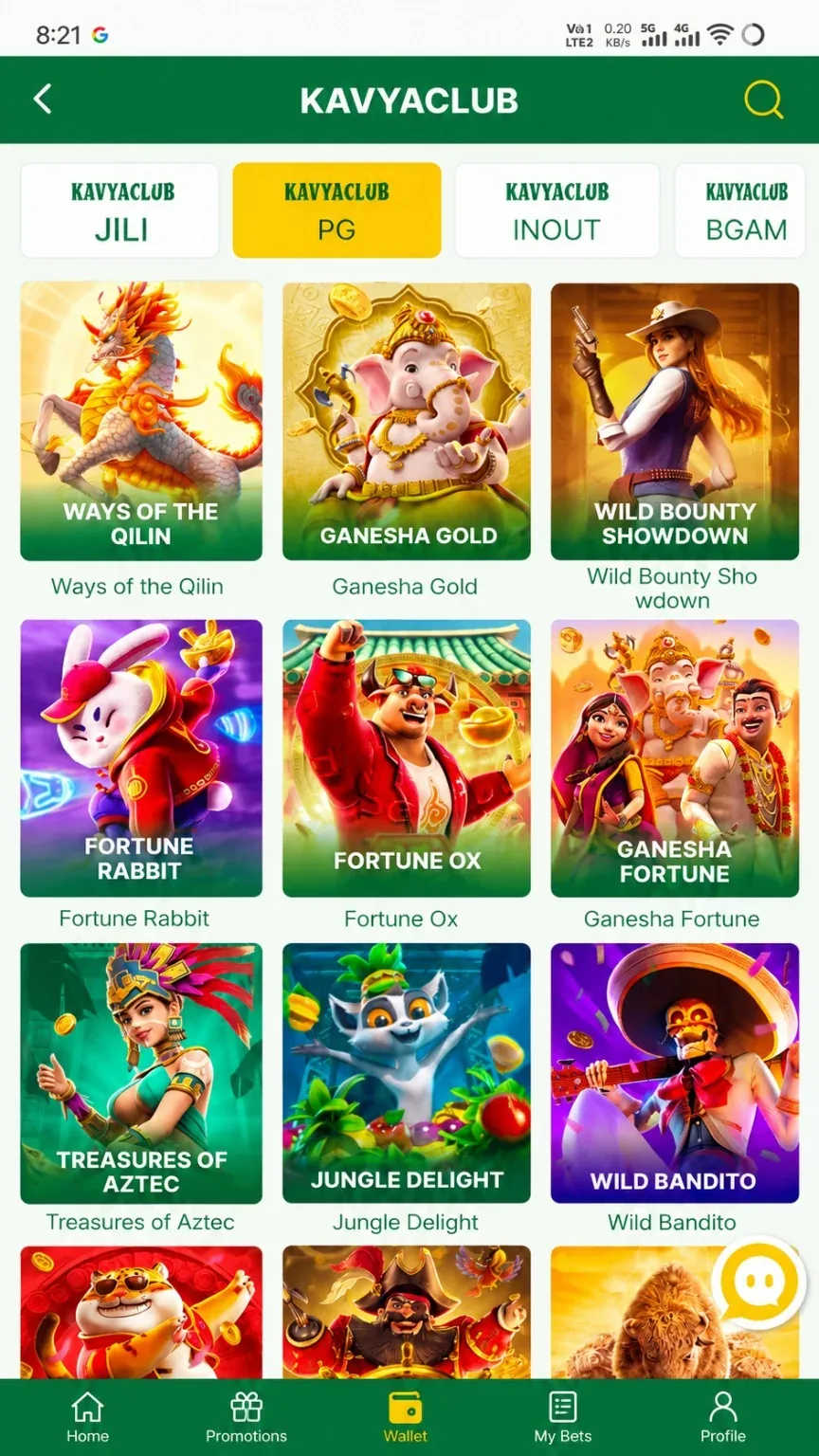 Kavyaclub slot games lobby with provider categories